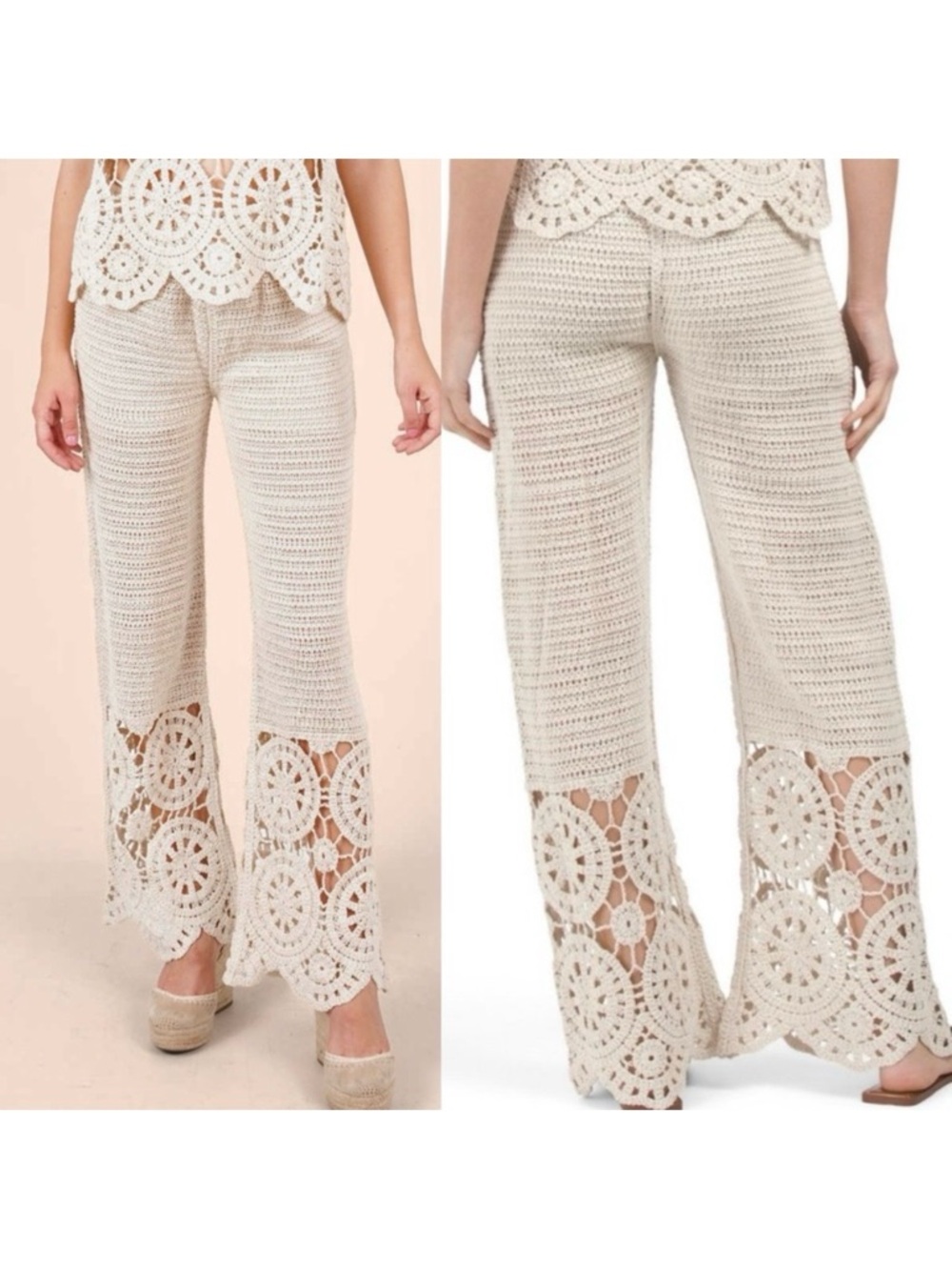 Solitaire X Anthropologie Crochet Wide Leg Pants Cream Ivory Boho Bohemian